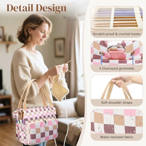 DALINDA Crochet Bag Organizer,Yarn Bag and Tote- Yarn Storage with Multiple Pockets for Crochet Supplies, Knitting Bag for Gifts,Portable & Durable(Beige Pink Plaid)
