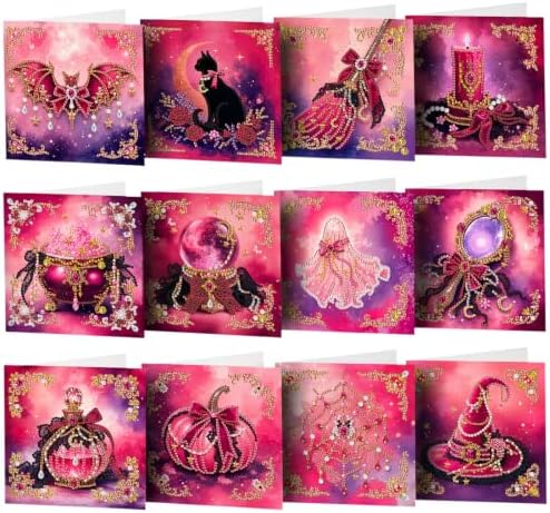 POETRYDRAW DIY Diamond Art Painting Greeting Card Kit, Creative Craft Set for Card Making，Pink Halloween