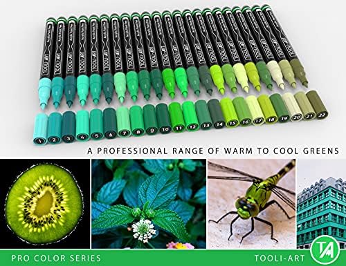 Acrylic Paint Pens 22 Green Tones Assorted Pro Color Series Markers Set 0.7mm Extra Fine Tip for Rock Painting, Glass, Mugs, Wood, Metal, Canvas, Projects, Non Toxic, Waterbased, Quick Drying