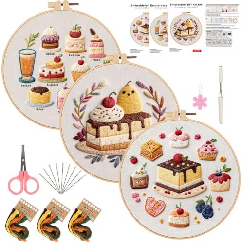FEIYUENO 3 Sets Cake Pattern Embroidery Kit for Beginner Adults