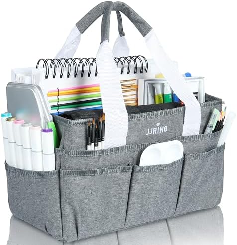 JJRING Craft Organizer Tote Bag Art Storage Caddy Grey | With Multiple Pockets For Sewing, Scrapbooking, School, Medical, And Office Supplies