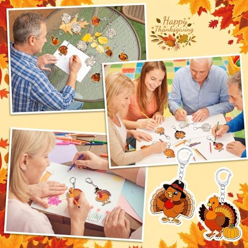 Trnayi 36 Pcs Thanksgiving Turkey Wood Keychain DIY Craft | Thanksgiving Turkey Wooden Keychain, Color Your Own Unfinished Craft, Blank Wood Painting DIY Craft, for Autumn Art Project