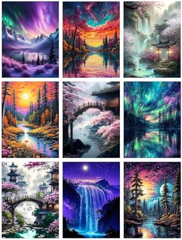 MRMIOOM 9 Pack Diamond Painting Kits for Adults, 5D Landscape Diamond Art Painting Kits for Adults Beginner, Adult Diamond Art, DIY Aurora Full Drill Diamond Dots for Home Wall Decor 12X16 Inch