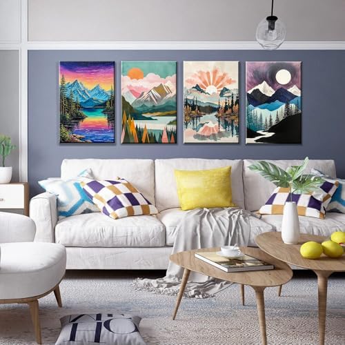 JOOZ 4 Pack Paint by Numbers Kit for Adults with Frame Mountain Landscape Paint by Number with Easel DIY Lake Adult Paint by Number Kits Sunset Easy Oil Painting Kits for Home Wall Decor 8x12 Inch