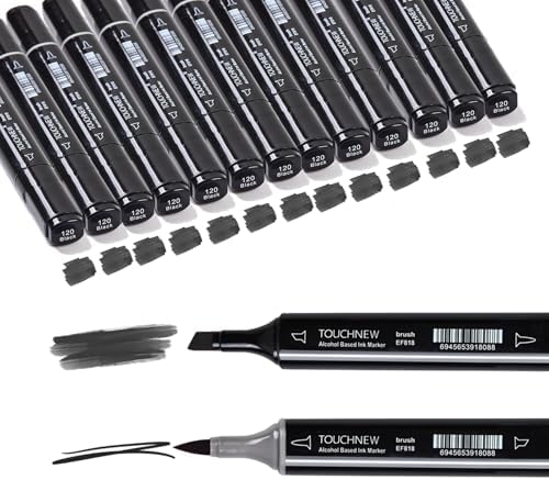 13Pcs Alcohol Markers Pure Color Series,Black Pen Barrel Dual Tip Soft Art Solid Color Markers Set for Adults Beginner Drawing Sketching (Black)