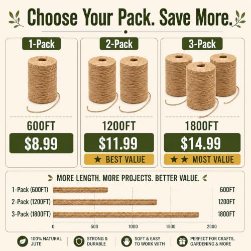 2mm - 164FT, 600FT, 1200FT, 1800FT Natural Jute Twine Rope String