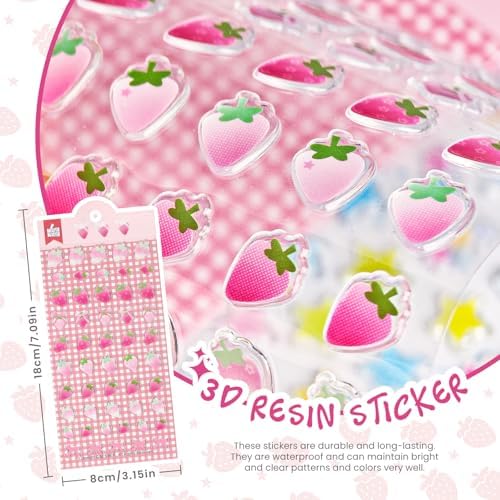 Strawberry & Star Sticker Kawaii Set - 3 Sheets Funny Decals Cute Pink Decorative Stickers for Journaling, Scrapbooking Laptop Phone Case Album Luggage Skateboard Water Bottles