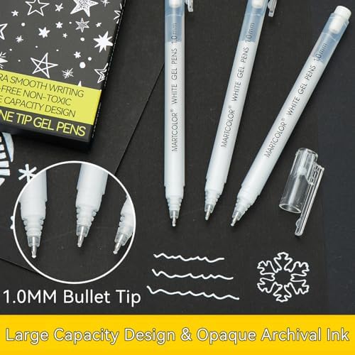MARTCOLOR White Gel Pens, 3 Pack 1.0mm Extra Fine Point White Gel ink Pens