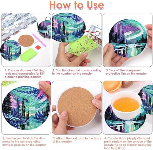 ijbnhd 8 Pcs Aurora Diamond Art Coasters Kits Landscape 4x4 inch