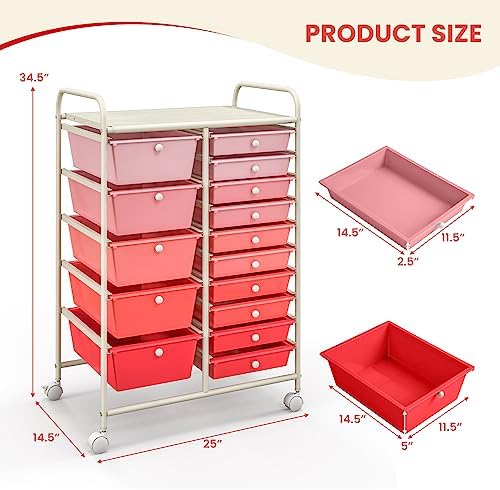GOFLAME 15-Drawer Rolling Storage Cart, Craft Storage Cart with Removable Drawers & Lockable Wheels, Art Cart Supply Storage Organizer for Home Office Classroom, Pink Gradient
