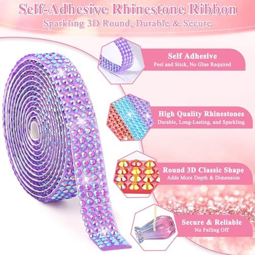 15 Yards Self Adhesive Rhinestone Strips, Rhinestone Ribbons Self Adhesive, Diamond Crystal Bedazzling Strips Glitter Bling Rhinestones Tape Stickers for Crafts, Fabric, Car, Shoes, Décor