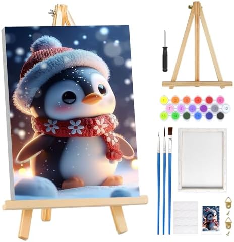 MOGTAA Christmas Paint by Numbers Kit for Adults Beginners with Frame, Penguin Adult Paint by Number Kits on Canvas with Easel, Easy DIY Winter Oil Painting Kits for Home Decor, 8x12in