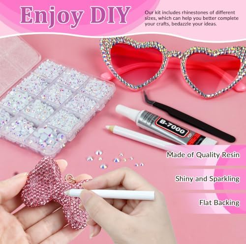 10000PCS White AB Rhinestones Bedazzling Gems 2/3/4/5/6MM Mix Sizes Resin Jelly Bedazzler Kit Flatback with Complete Tools for DIY, Nail, Art Craft for Girls Gift