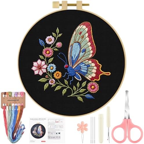 ERKOON Embroidery Kit for Beginners Adult, Cross Stitch Set Include Embroidery Cloth Hoop Threads for Craft Lover Hand Stitch with Embroidery Skill Techniques (Butterfly)