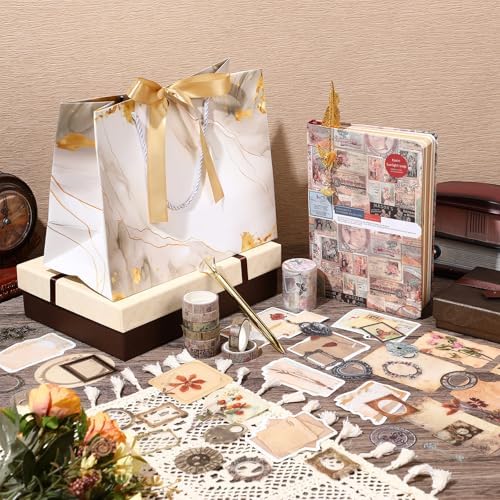 DIY Journal Diary with Lock Pack Scrapbook Kit, Brown, Retro | Stationery Diary Supplies, Scrapbook Supplies Art Crafts Kit for Birthday Holidays Ideal Gifts, Feather Bookmark Stickers
