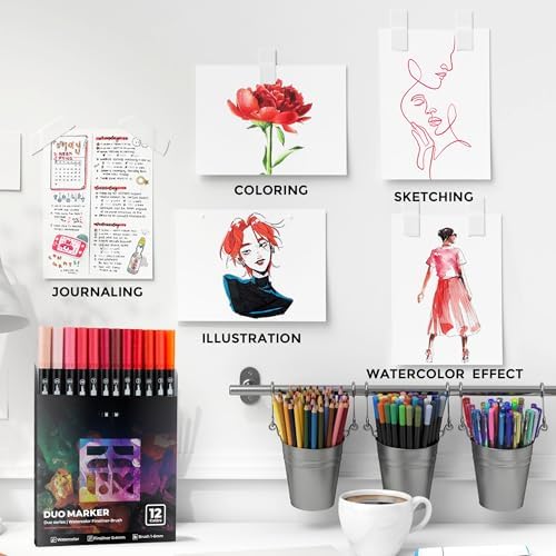 Red Duo Tip Marker Pens, 12 Fine & Brush Tip Pen For Adult Coloring Books