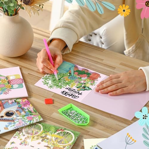 Saillong 12 Pack Spring Diamond Painting Greeting Card Kits Easter Diamond Art Cards with Envelopes Gnome Tulips Flowers 5d Rhinestones Painting Kits for Adults DIY Crafts Family Friend Spring Gifts