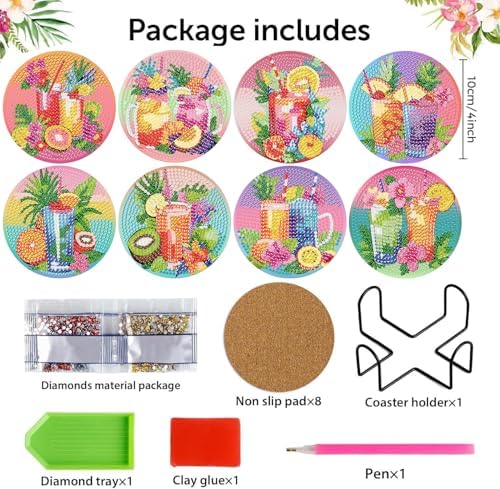 8 Pcs Diamond Art Coaster Kit for Adult with Holder, Diamond Coasters 4x4in