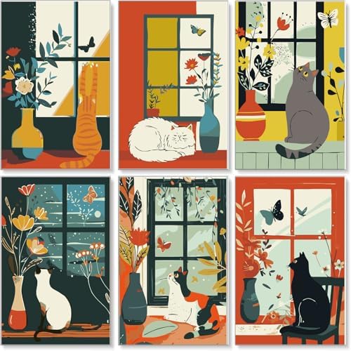 Jethami 6 Pack Paint by Numbers Kit for Adults Cats 8 x12in | Easy to piant for beginners, Diy art craft, Relaxing & Stress relief, High definition canvas, Home wall decor, Vivid colors