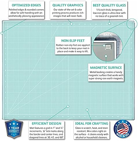 GLASSBOARD STUDIO Aqua Glass Craft Mat (13.5x18in) - Magnetic, Heat & Scratch Resistant, Stain-Proof for Crafting, Cutting, Painting, Mixed Media Artwork - Grid & Angle Lines, Non-Slip Feet