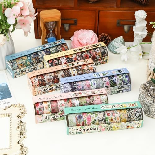 10 Rolls Blooming Flowers Washi Tape Set Floral Arts Adhesive Tapes Colorful Garden Decorative Masking Tape Sets for Craft, Kids, Scrapbook, DIY, Gift Wrapping (6-Silence)