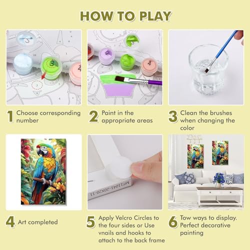 Bowetile Framed Paint by Numbers Parrote for Adults Beginners, Adults' Paint-by-Number Birds Kits, Easy Adult Paint by Number Kits on Canvas, Acrylic Animals Number Painting for Home Decor, 8x12in