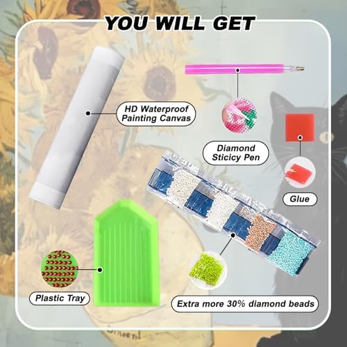 VeGuude Cat Diamond Art Kits for Adults, Full Drill Van Gogh Sunflowers Diamond Painting Kits for Beginners, DIY Full Rhinestone 5D Diamond dots (Gemstone Craft), Home Wall Decoration (12x16 inch)