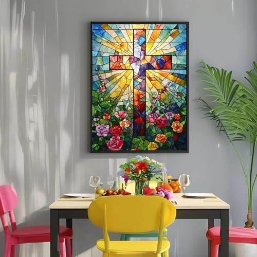 RYMILIE Diamond Art Kits for Adults Stained Glass Cross12x16inch | 5D Stress Relief Diamond Painting Kit for Beginners, DIY Full Round Drill Gem Art Crafts for Home Wall Decor Gift