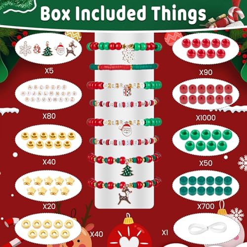 Taybonds Christmas Bracelet Making Kit, Christmas Beads for Bracelets and Jewelry Making, Xmas Bead Kit with Red Green Pony Beads, Clay, Letter Beads and Charms,Holiday DIY Friendship Gifts