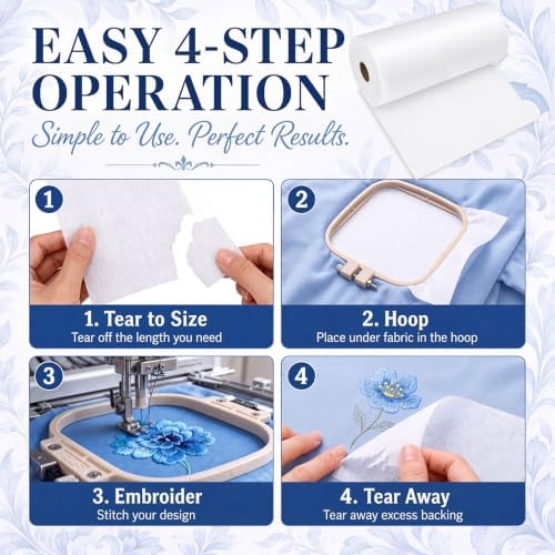 Peryiter 1 Roll 12" x 100 yd Tear‑Away Embroidery Stabilizer 25μm Backing Stabilizer for Embroidery Lightweight Sewing Stabilizers for Hand Sewing Machine