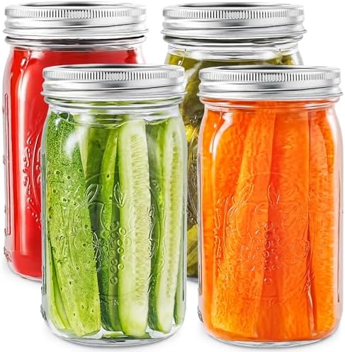 Miuyhji 32 oz Wide Mouth Glass Mason Jars with Lids, 4 Pack for Canning