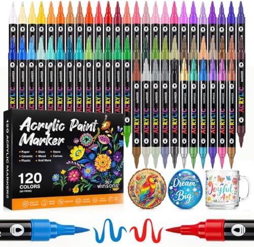 WINSONS 120 Colors Acrylic Paint Markers Dual Tip Dual Colors Brush Tip Pens for Rock Painting Supplies, Canvas, Wood, Calligraphy, Metal, Glass, DIY Crafts Art Supplies Kit (120 Colors - Dual Colors)