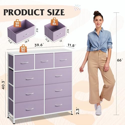 WLIVE Tall Dresser for Bedroom, 9 Drawer Chest of Drawers, Purple | 9 roomy fabric drawers, Tall storage design, Bedroom or closet use, Sturdy steel frame, Smooth wood tabletop