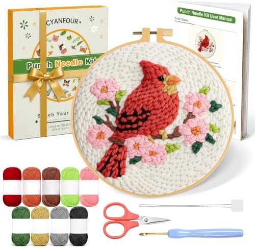 CYANFOUR Punch Needle Kit for Beginners, Red Bird Punch Needle Kits Adults, Craft Kits for Adults with 2 Pre-Printed Fabrics, Embroidery Hoop, Threads, DIY Gift and Home Decor 20 * 20cm