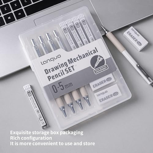 languo 0.5mm Mechanical Pencil Set with Case, 4PCS Drafting Mechanical Pencils Kit – 4 Tubes 2B Lead Refills, 3 Erasers, Ideal Pencil Set for Writing & Drawing