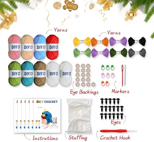 YOKISS 8Pcs Beginner Crochet Starter Kit, Creative Birthday Gifts for Adults & Kids, Popular DIY Patterns, 40% Extra Yarn Crochet Animals Kits with Step-by-Step Video Tutorials
