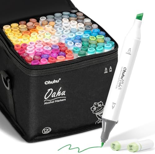 Ohuhu Alcohol Markers 120 Colors Chisel& Fine for Adult Coloring Refillable
