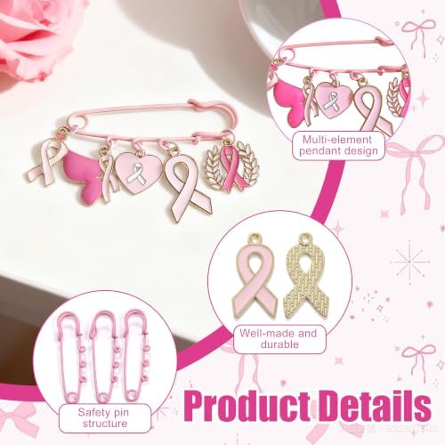 Breast Cancer Awareness Accessories DIY Pins Ribbon Brooches Craft Kit, 24 pink Safety Pins, 75 Enamel Charms, 100 Jump Rings, Pliers Tool, Pink Breast Cancer Survivor Gift for Women Girls Charity Month Party