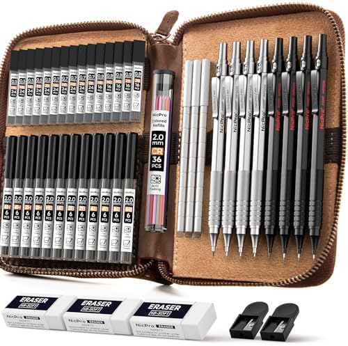 Nicpro 45PCS Black & Silver Metal Mechanical Pencil Set in Leather Case, Art Drafting Pencil 0.5, 0.7, 0.9 mm, 2mm Lead Holders for Sketching Drawing With 27 Tube (6B 4B 2B HB 2H 4H Colors)Lead Refill | Art Drafting Pencil 0.5-0.9 mm, 2mm Lead Pencil H...