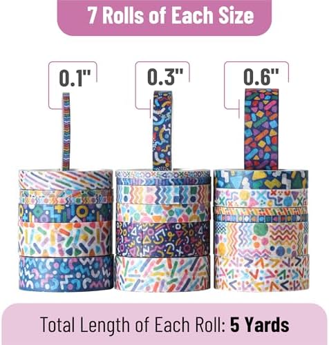 Mr. Pen- Washi Tape Set, 21 Rolls, Assorted Sizes, 5 Yards/Roll | Washi Tape for Scrapbook, Arts, Crafts, Journals and Planners, Geo Labyrinth