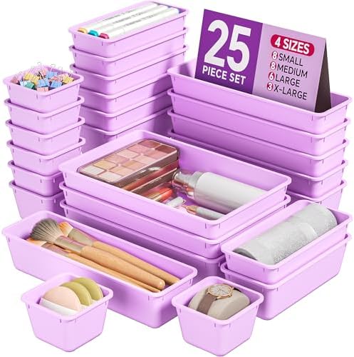 KEMETHY 25 PCS Plastic Drawer Organizers Set, 4 Sizes Vanity Organizer, Makeup and Desk Drawer Organizer Trays, Organization and Storage for Makeup, Bathroom, Kitchen Utensils and Office (Purple)