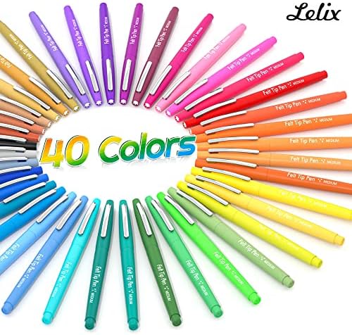Lelix Felt Tip Pens, 40 Colored Pens with Case, Medium Point, Felt Tip Markers Pens for Journaling, Writing,Drawing, Note Taking, Planner, Perfect for Art Office and School Supplies
