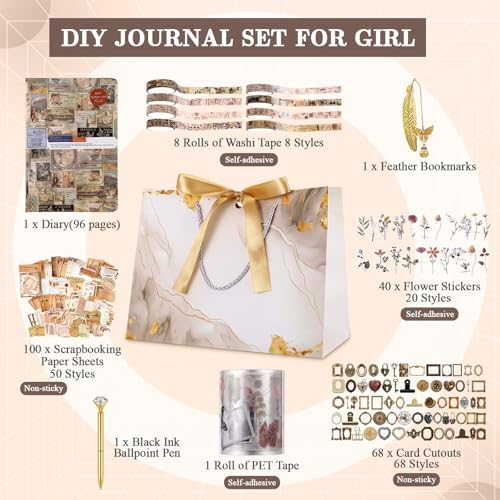 DIY Journal Diary with Lock Pack Scrapbook Kit, Brown, Retro | Stationery Diary Supplies, Scrapbook Supplies Art Crafts Kit for Birthday Holidays Ideal Gifts, Feather Bookmark Stickers