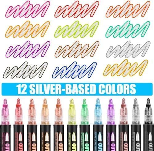 Outline Marker Self-outline Metallic Markers, 12 Colors Squiggles Shimmer Outline Markers Pen Set for Drawing Art School Supplies, Glitter Pen Set for Cards Lettering, Gift for 4-12 Year Old Girl