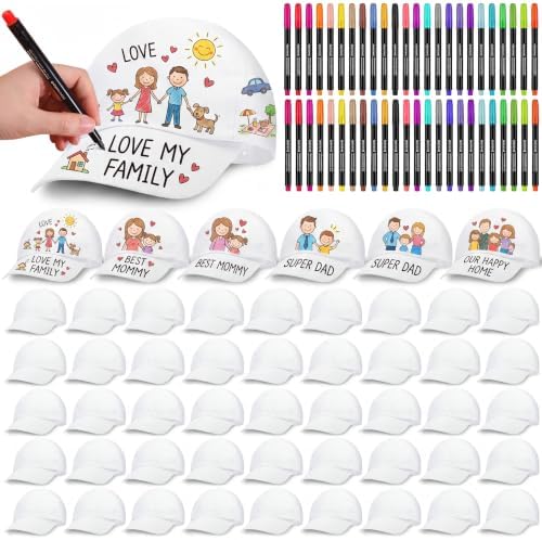 DIY White Baseball Hats Bulk for Adult Adjustable Blank Sports Baseball Hat with 24 Color Fabric Markers