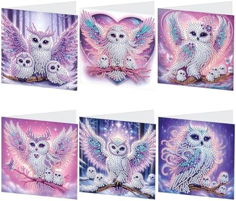 6 Pack Diamond Art Greeting Card Kits with Envelopes, Special Shaped Diamond Painting Cards, DIY Rhinestone Diamond Art Cards for Birthday Christmas Mother Day (Owl Mother and Owlet, 30x15cm)