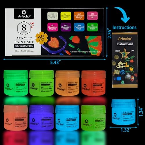 Artecho Glow in the Dark Acrylic Paint Set, 8 Colors x 20ml (0.7oz) | Non-Toxic, Waterproof, For Canvas Rock Wood Fabric, Rich Pigment, For Adults & Hobbyists