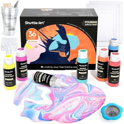 Shuttle Art Acrylic Pouring Paint, Set of 36 Bottles (2 oz/60ml) Pre-Mixed High-Flow Pouring Supplies with Canvas, Silicone Oil, Measuring Cups, Tablecloths, Complete Paint Pouring Kit
