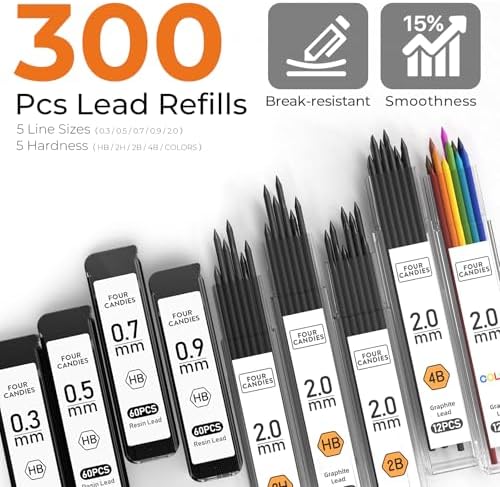 Four Candies Metal Mechanical Pencil Set, 4PCS 0.3, 0.5, 0.7, 0.9MM Mechanical Pencils & 2MM Drawing Pencil with 9 Tubes Lead Refills (4B 2B HB 2H Color) for Student Writing Artist Sketching - Silver