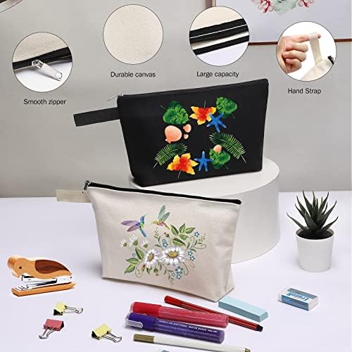 10 Pieces Cotton Canvas Makeup Bag with Bottom, Multi-Purpose Cosmetic Bag with Zipper Travel Toiletry Pouch, Blank DIY Craft Bag Pencil Bag (S, Black) (MN-WB07)